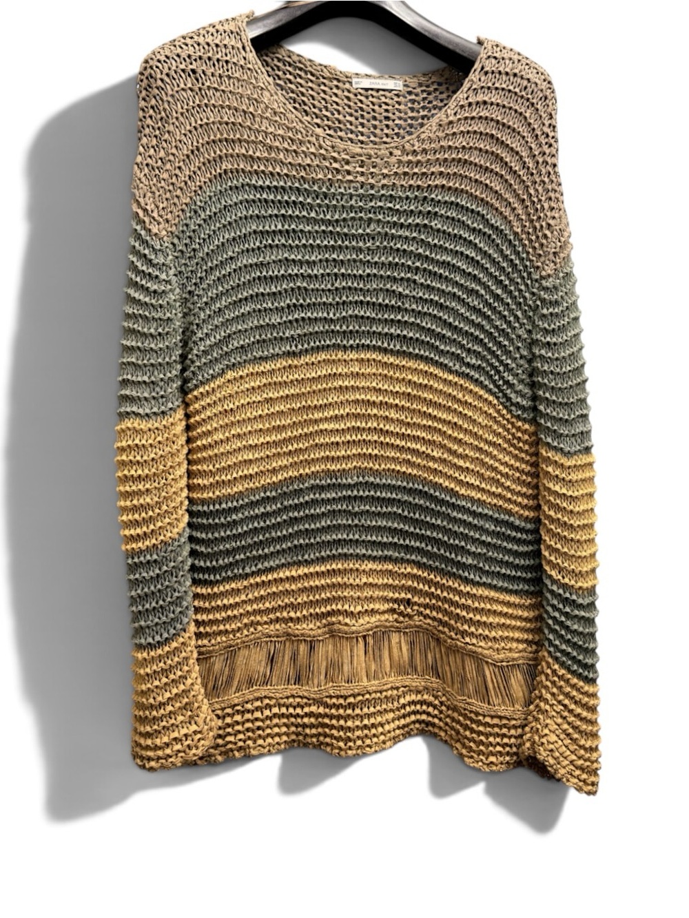 ZARA Oversized Open Knit Sweater Striped Olive Taupe Boho Size M